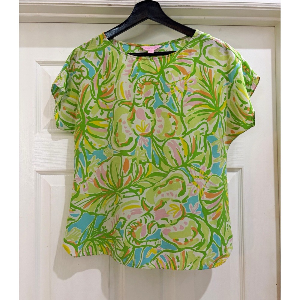 Lilly Pulitzer Womens XS Green Blue Pink White Floral Round Neck Pullover Blouse